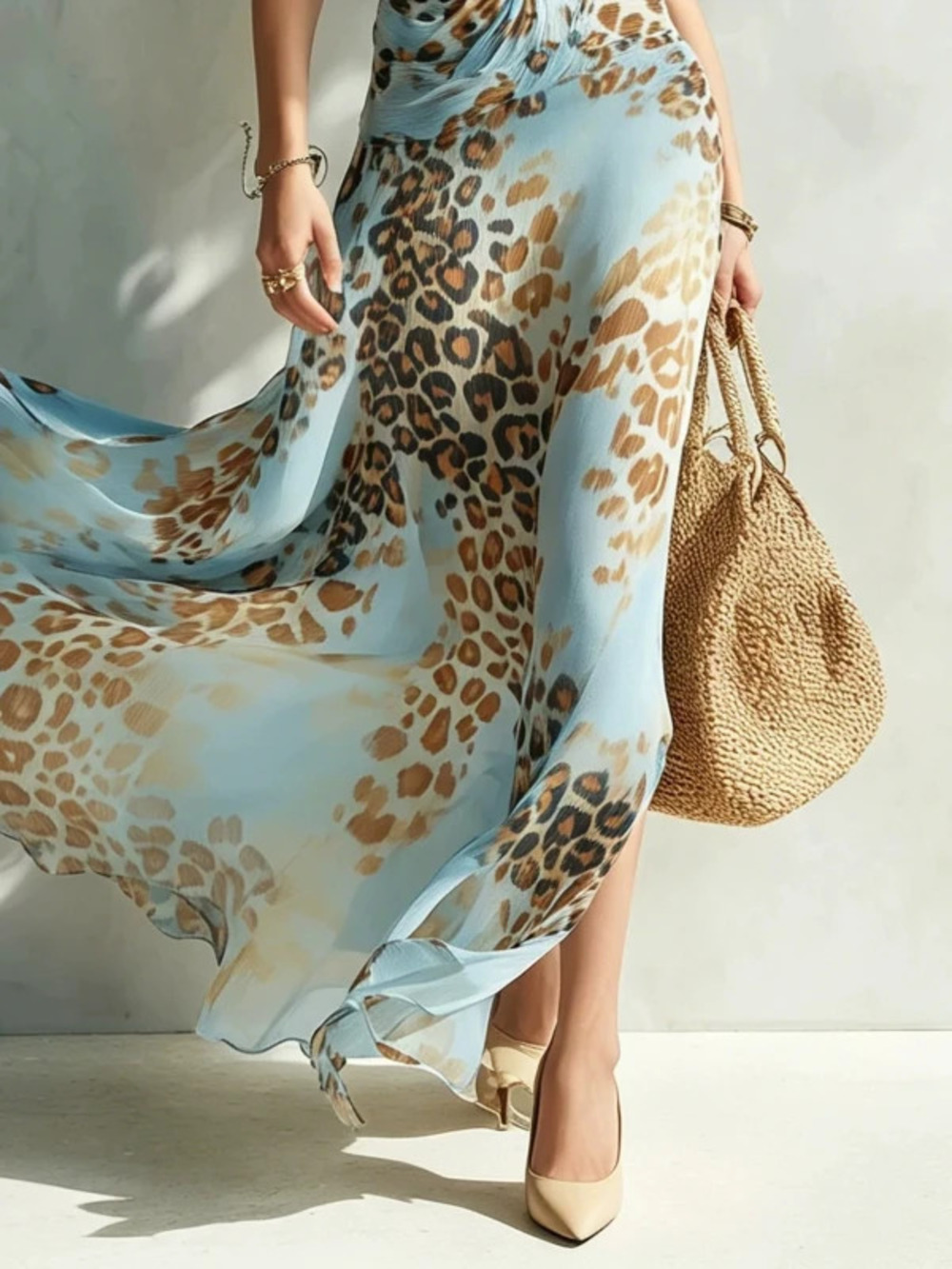 Summer Sexy Leopard Print Halter Neck Slit Resort Dress